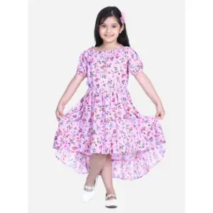Girl's Rayon Solid Short Sleeve Shoulder Straps Dress (Light Pink)