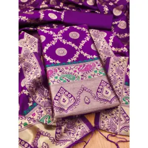 Women's Banarasi Silk Printed Unstitched Salwar Suit Material With Dupatta (Purple, 3Mtrs)