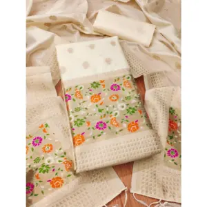 Women's Banarasi Silk Printed Unstitched Salwar Suit Material With Dupatta (White, 3Mtrs)