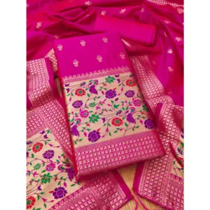 Women's Banarasi Silk Printed Unstitched Salwar Suit Material With Dupatta (Pink, 3Mtrs)