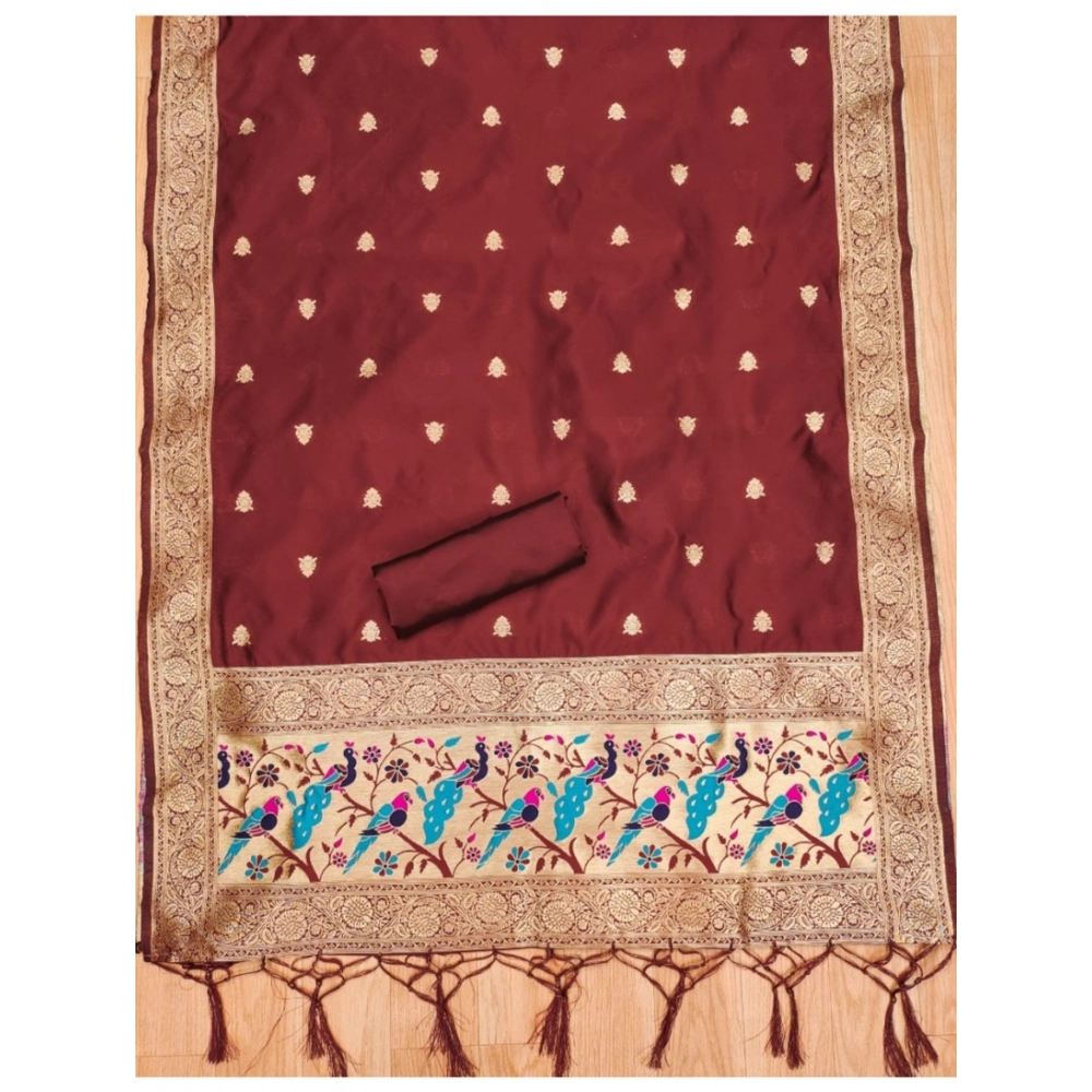 Women's Banarasi Silk Printed Unstitched Salwar Suit Material With Dupatta (Maroon, 3Mtrs) - Image 2