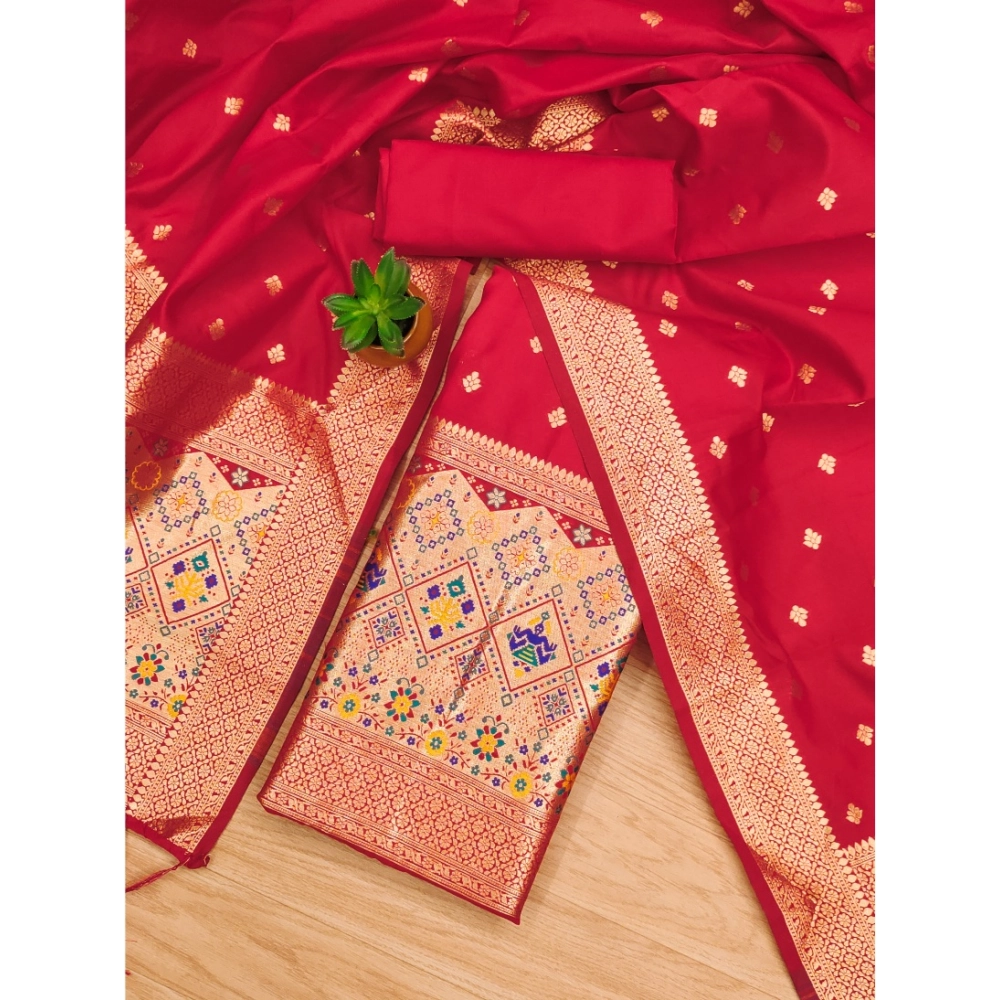 Women's Banarasi Silk Printed Unstitched Salwar Suit Material With Dupatta (Red, 3Mtrs) - Image 4