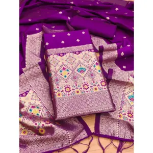 Women's Banarasi Silk Printed Unstitched Salwar Suit Material With Dupatta (Purple, 3Mtrs)