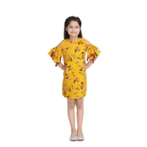 Girl's Polyester Crepe Floral Printed Long Sleeve Round Neck Dress (Yellow)