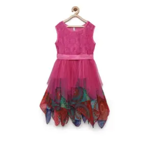 Girl's Polyester Net Floral Printed Sleeveless Round Neck Dress (Multicolor)