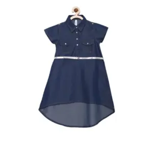 Girl's Denim Solid Short Sleeve Shirt collar Dress (Blue)
