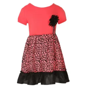 Girl's Polyester Crepe Embellished Short Sleeve Round Neck Dress (Pink)