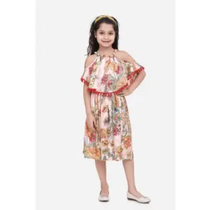 Girl's Satin Floral Printed Cold Shoulder Round Neck Dress (Peach)