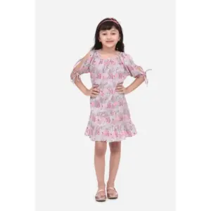 Girl's Cotton Floral Printed Sleeveless Round Neck Dress (Pink)