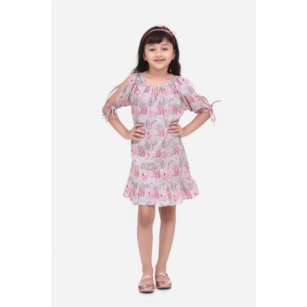 Girl's Cotton Floral Printed Sleeveless Round Neck Dress (Pink)