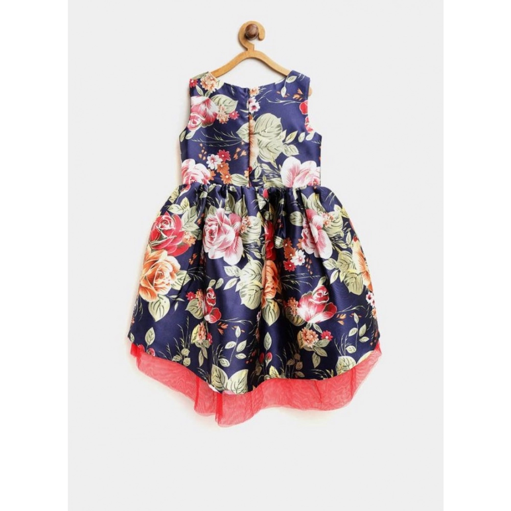 Girl's Polyester Net Net Inset Sleeveless Round Neck Dress (Navy Blue) - Image 4