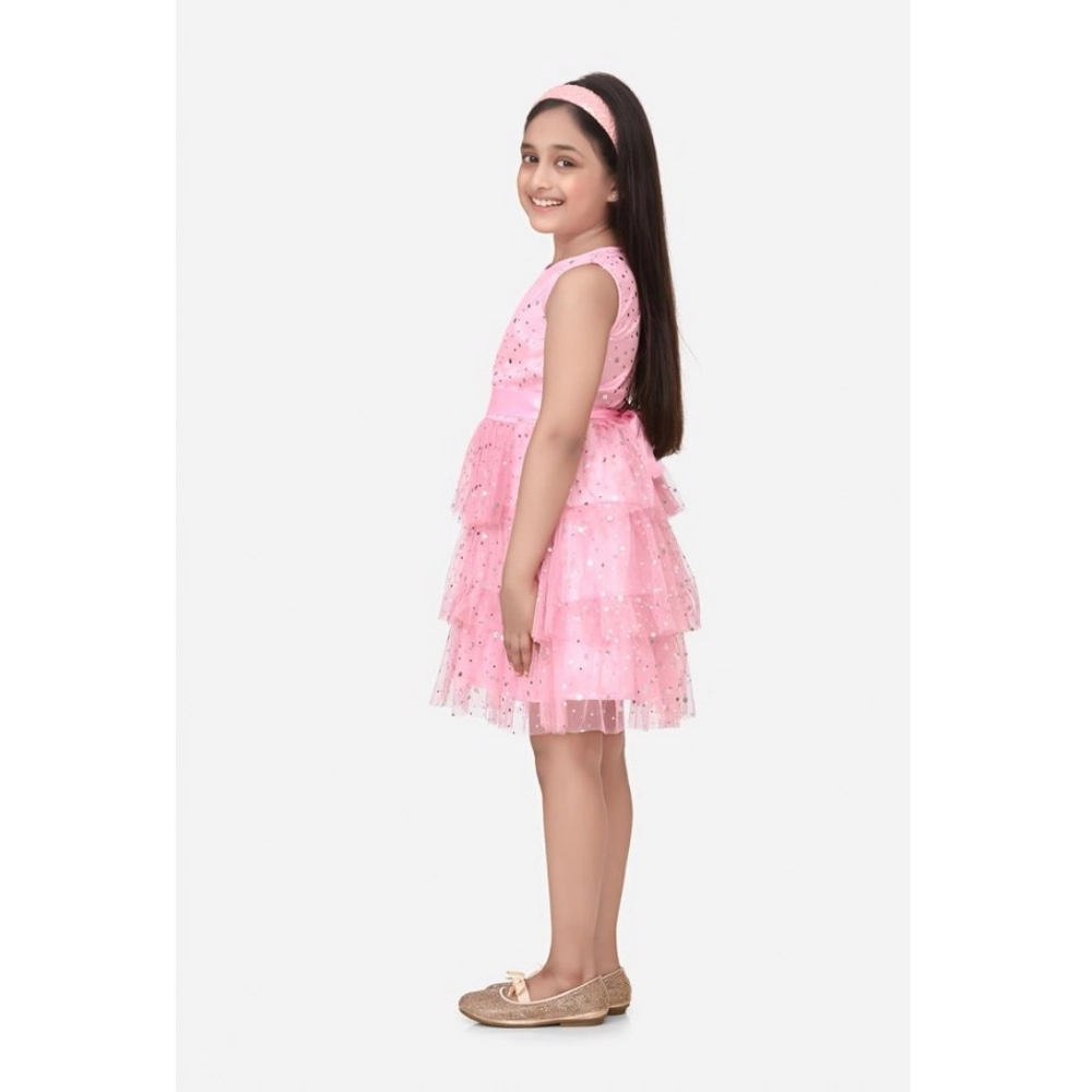 Girl's Net Embellished Sleeveless Round Neck Dress (Pink) - Image 3