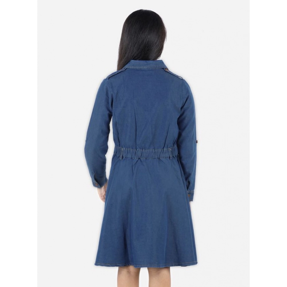 Girl's Denim Solid Long Sleeve Shirt collar Dress (Blue) - Image 4