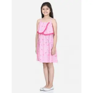Girl's Rayon Printed Sleeveless Round Neck Dress (Pink)