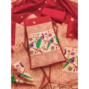 Women's Banarasi Silk Printed Unstitched Salwar Suit Material With Dupatta (Red, 3Mtrs)