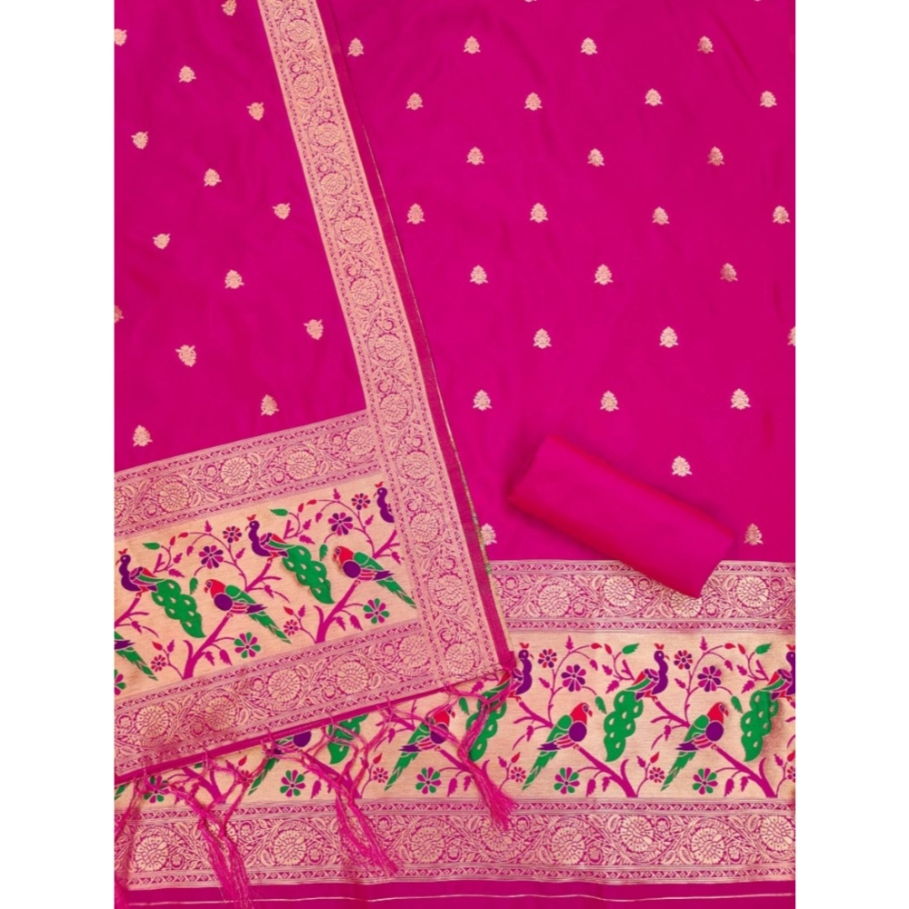 Women's Banarasi Silk Printed Unstitched Salwar Suit Material With Dupatta (Pink, 3Mtrs) - Image 3