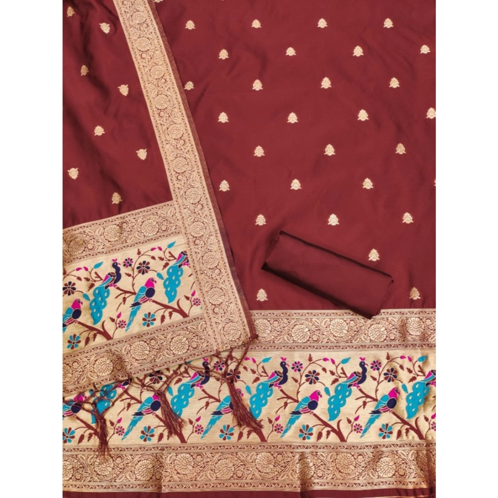 Women's Banarasi Silk Printed Unstitched Salwar Suit Material With Dupatta (Maroon, 3Mtrs) - Image 3