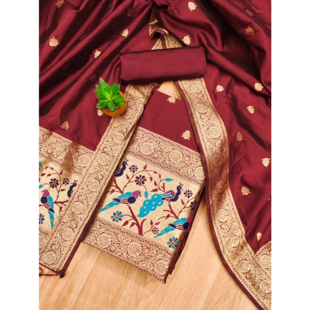 Women's Banarasi Silk Printed Unstitched Salwar Suit Material With Dupatta (Maroon, 3Mtrs) - Image 4