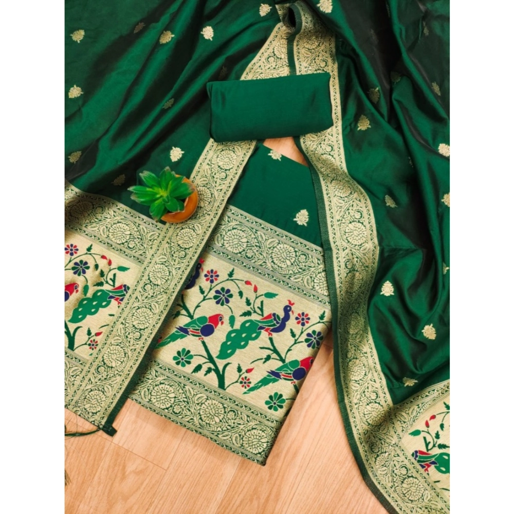 Women's Banarasi Silk Printed Unstitched Salwar Suit Material With Dupatta (Bottle Green, 3Mtrs) - Image 4