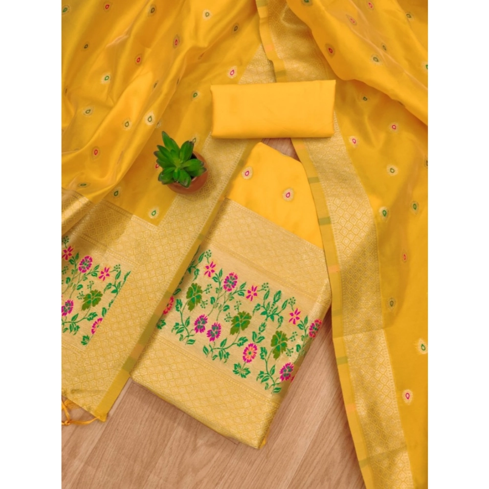 Women's Banarasi Silk Printed Unstitched Salwar Suit Material With Dupatta (Yellow, 3Mtrs) - Image 4