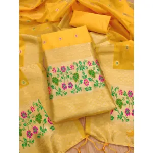 Women's Banarasi Silk Printed Unstitched Salwar Suit Material With Dupatta (Yellow, 3Mtrs)