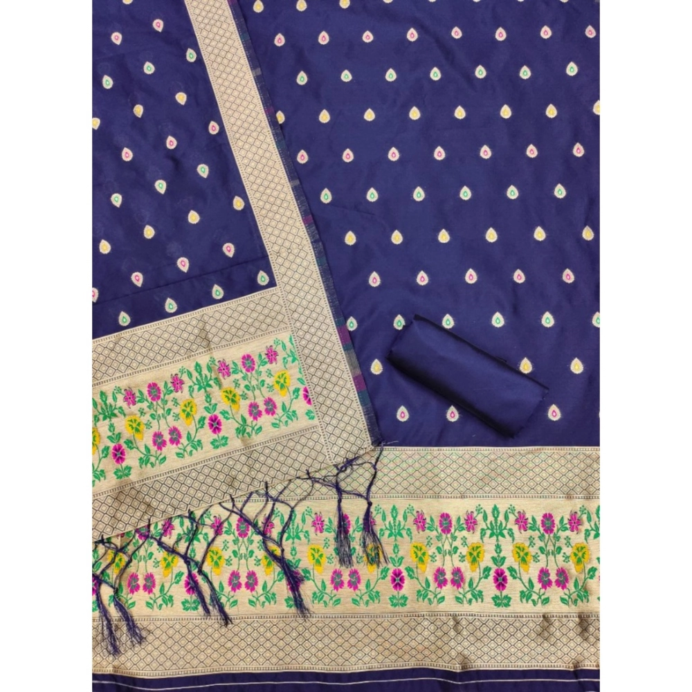 Women's Banarasi Silk Printed Unstitched Salwar Suit Material With Dupatta (Navy Blue, 3Mtrs) - Image 3