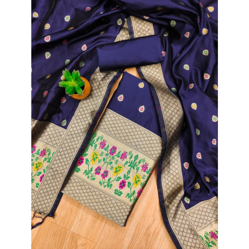 Women's Banarasi Silk Printed Unstitched Salwar Suit Material With Dupatta (Navy Blue, 3Mtrs) - Image 4