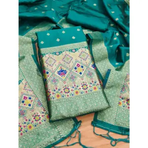 Women's Banarasi Silk Printed Unstitched Salwar Suit Material With Dupatta (Rama, 3Mtrs)