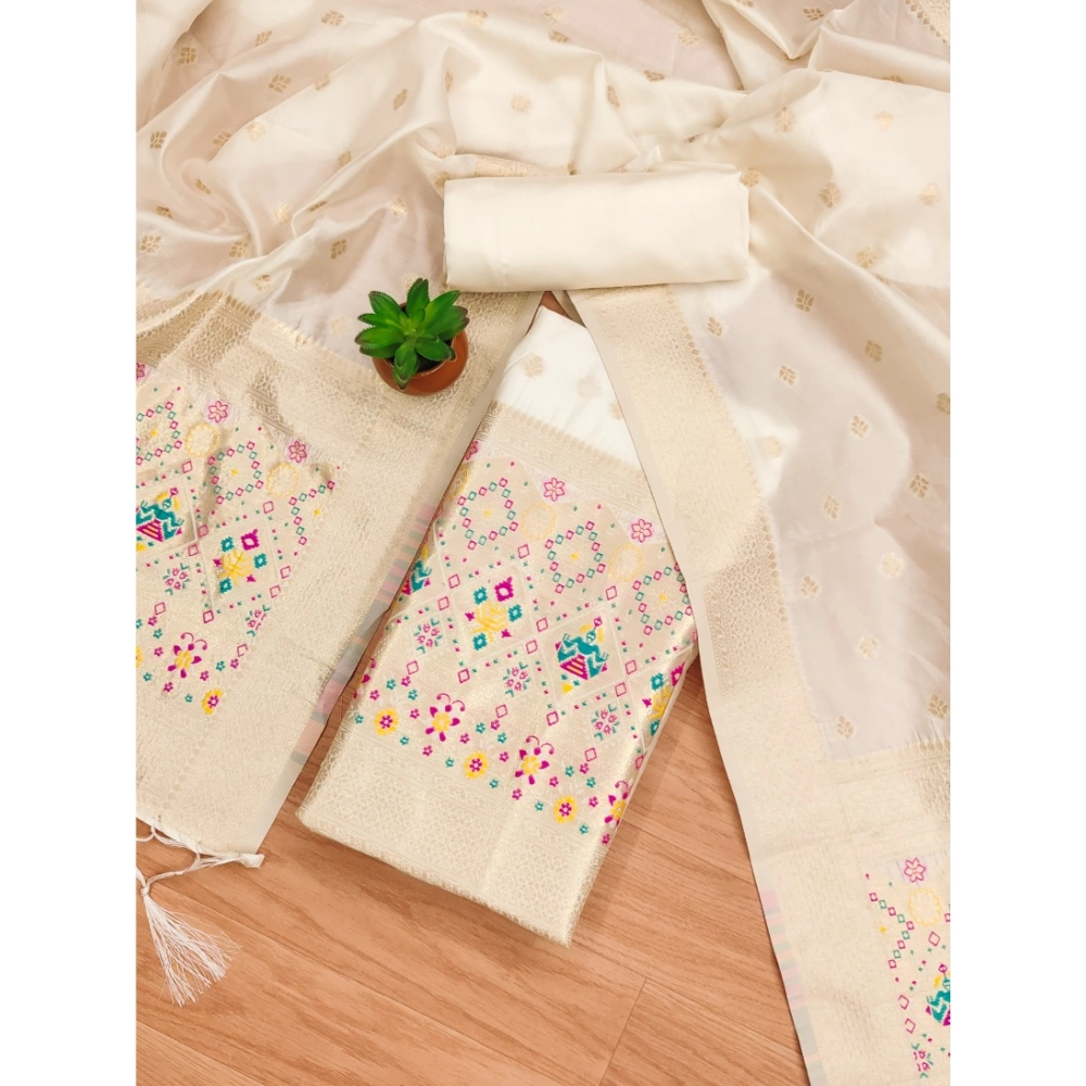 Women's Banarasi Silk Printed Unstitched Salwar Suit Material With Dupatta (White, 3Mtrs) - Image 4