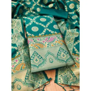 Women's Banarasi Silk Printed Unstitched Salwar Suit Material With Dupatta (Rama, 3Mtrs)