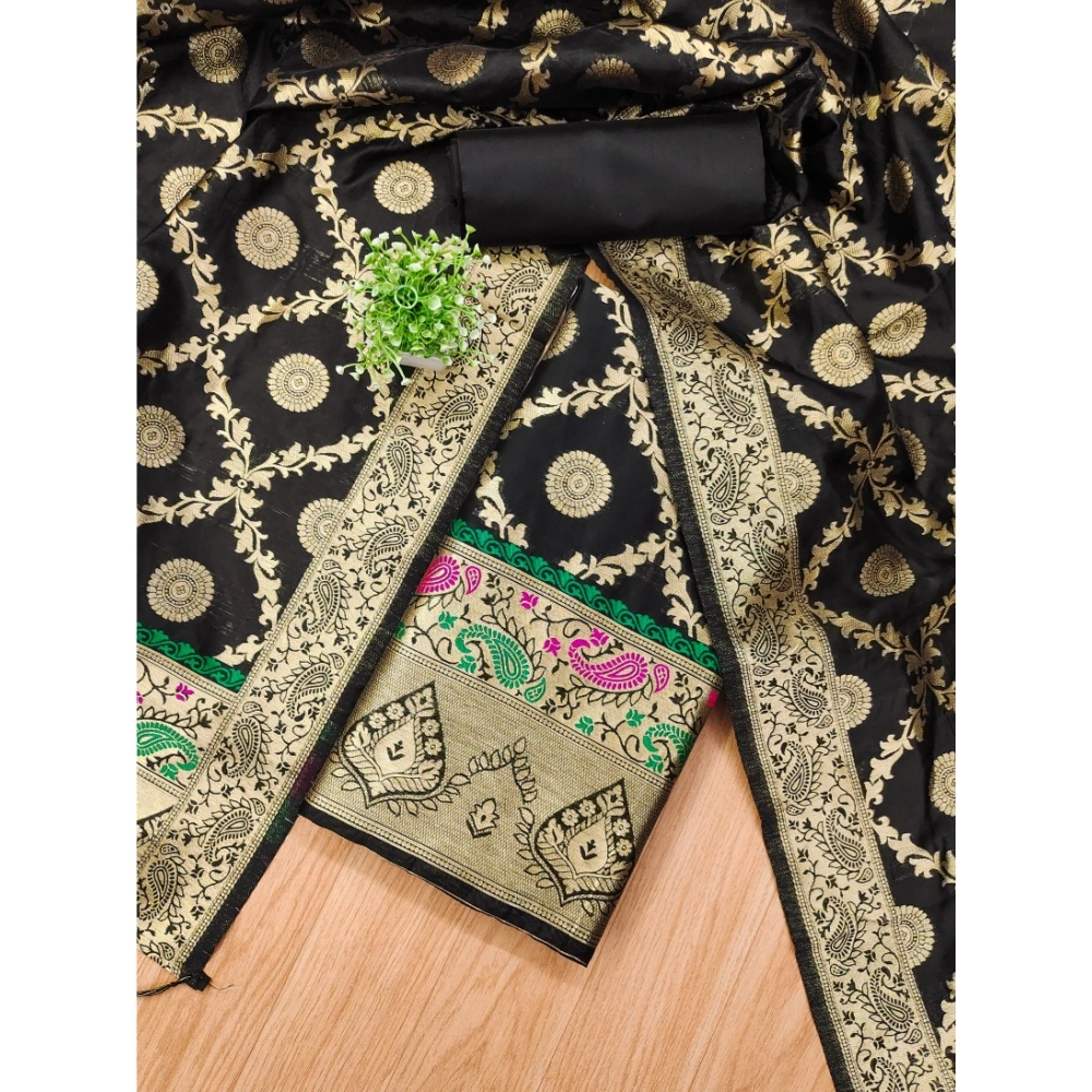 Women's Banarasi Silk Printed Unstitched Salwar Suit Material With Dupatta (Black, 3Mtrs) - Image 4