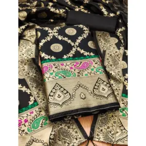 Women's Banarasi Silk Printed Unstitched Salwar Suit Material With Dupatta (Black, 3Mtrs)
