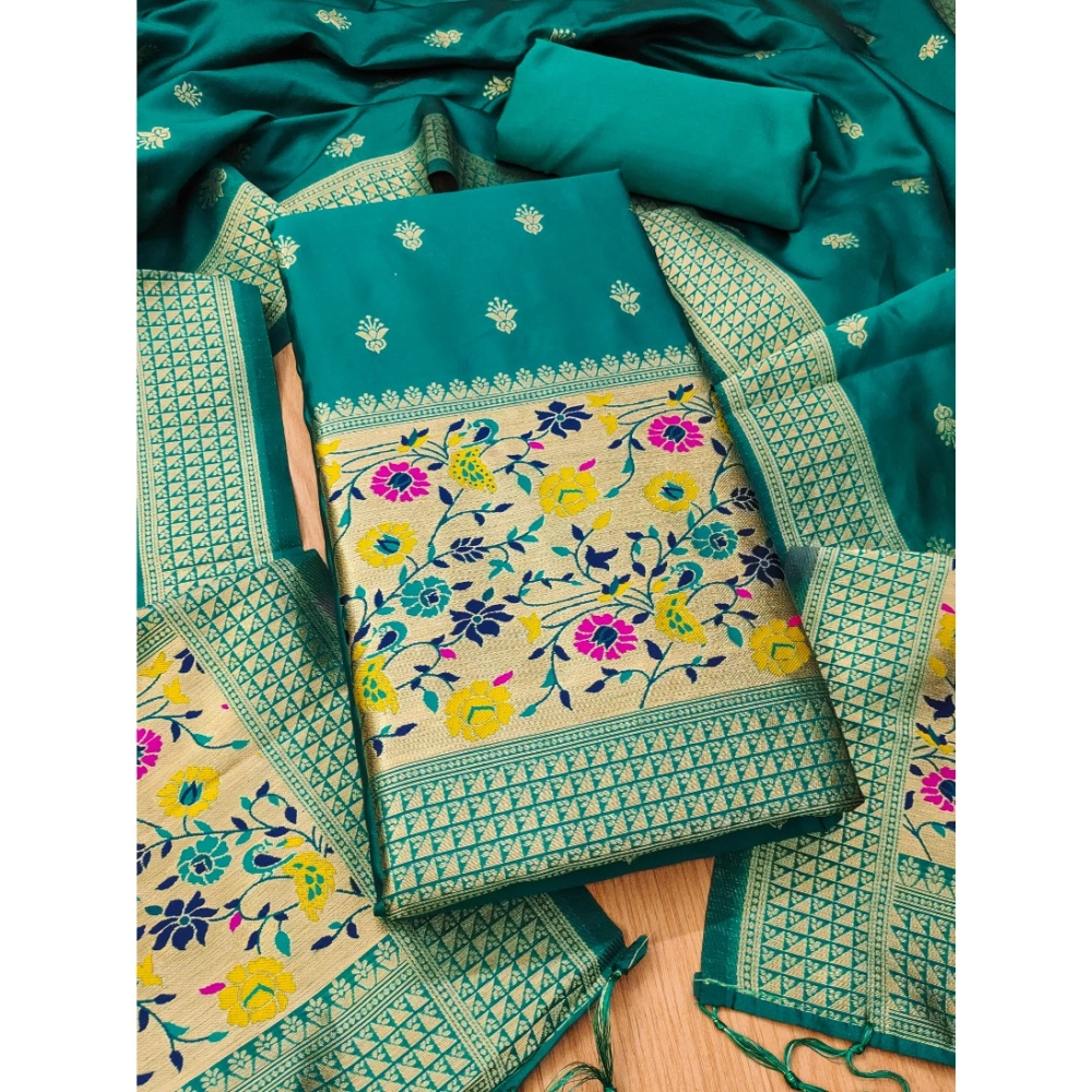 Women's Banarasi Silk Printed Unstitched Salwar Suit Material With Dupatta (Rama, 3Mtrs)