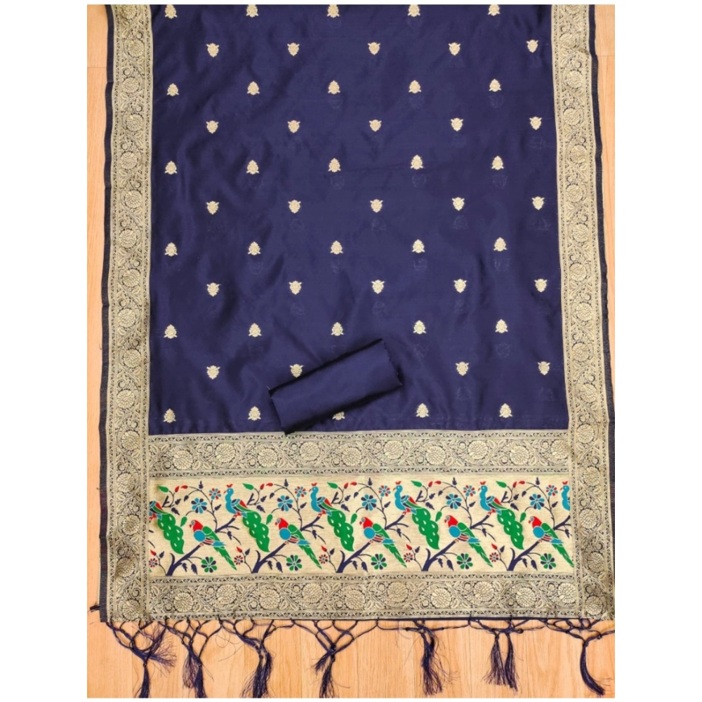 Women's Banarasi Silk Printed Unstitched Salwar Suit Material With Dupatta (Navy Blue, 3Mtrs) - Image 2
