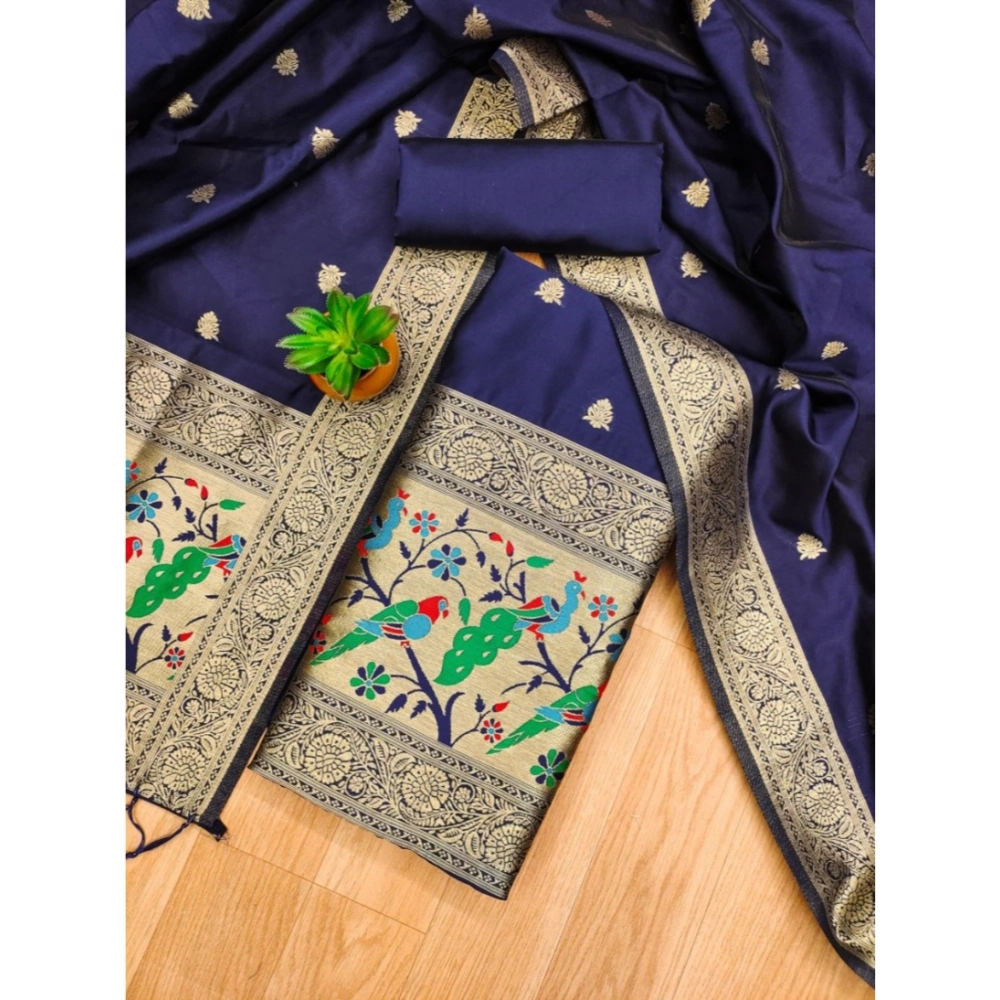 Women's Banarasi Silk Printed Unstitched Salwar Suit Material With Dupatta (Navy Blue, 3Mtrs) - Image 4