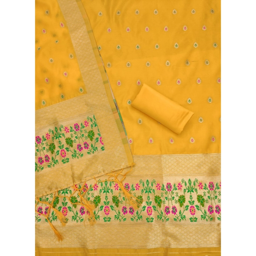 Women's Banarasi Silk Printed Unstitched Salwar Suit Material With Dupatta (Yellow, 3Mtrs) - Image 3