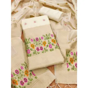 Women's Banarasi Silk Printed Unstitched Salwar Suit Material With Dupatta (White, 3Mtrs)