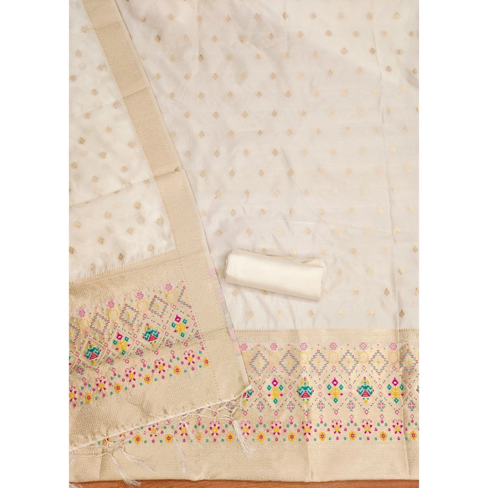 Women's Banarasi Silk Printed Unstitched Salwar Suit Material With Dupatta (White, 3Mtrs) - Image 3