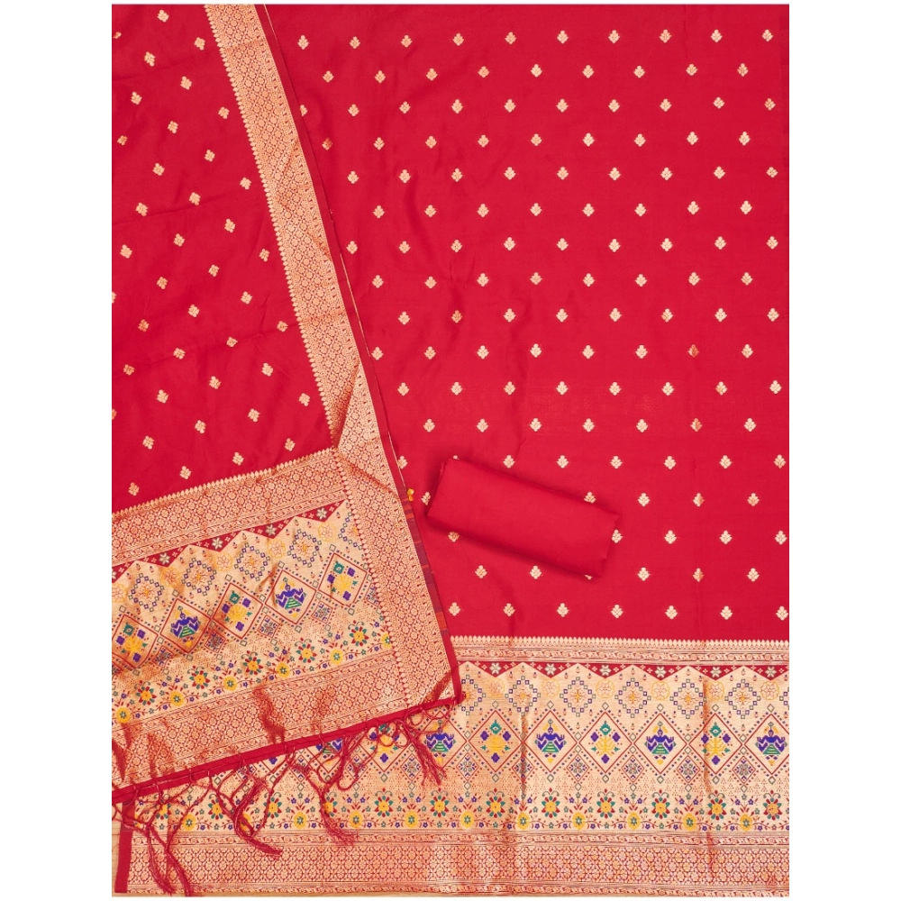 Women's Banarasi Silk Printed Unstitched Salwar Suit Material With Dupatta (Red, 3Mtrs) - Image 3