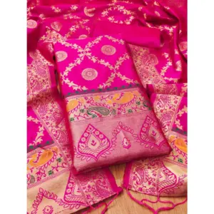 Women's Banarasi Silk Printed Unstitched Salwar Suit Material With Dupatta (Pink, 3Mtrs)