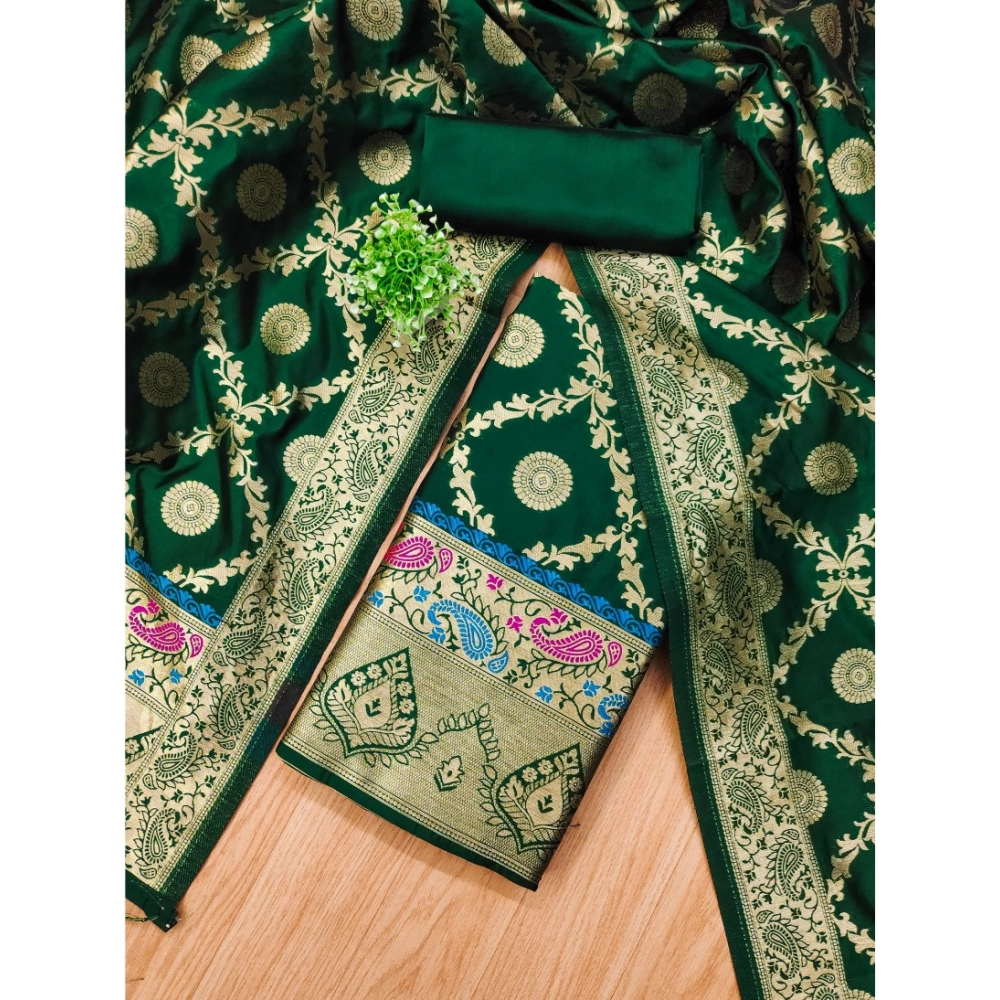 Women's Banarasi Silk Printed Unstitched Salwar Suit Material With Dupatta (Bottle Green, 3Mtrs) - Image 4