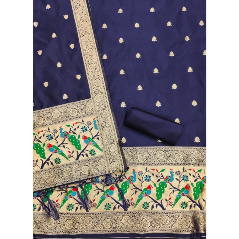 Women's Banarasi Silk Printed Unstitched Salwar Suit Material With Dupatta (Navy Blue, 3Mtrs) - Image 3