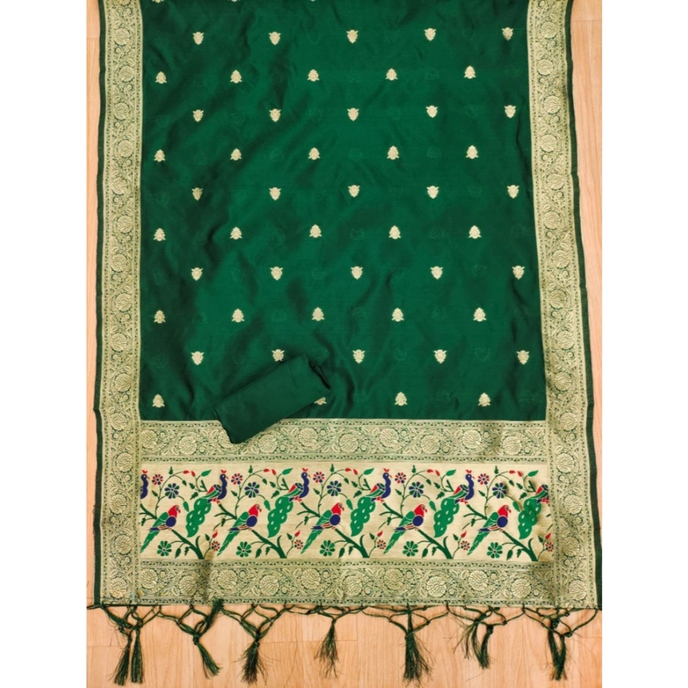 Women's Banarasi Silk Printed Unstitched Salwar Suit Material With Dupatta (Bottle Green, 3Mtrs) - Image 2