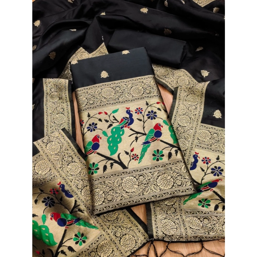 Women's Banarasi Silk Printed Unstitched Salwar Suit Material With Dupatta (Black, 3Mtrs)