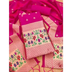 Women's Banarasi Silk Printed Unstitched Salwar Suit Material With Dupatta (Pink, 3Mtrs)