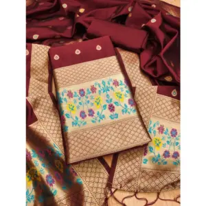 Women's Banarasi Silk Printed Unstitched Salwar Suit Material With Dupatta (Maroon, 3Mtrs)