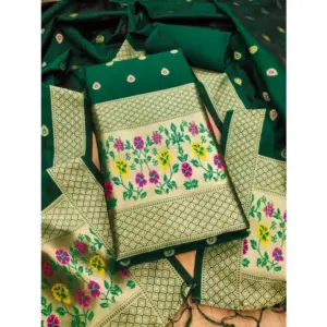 Women's Banarasi Silk Printed Unstitched Salwar Suit Material With Dupatta (Bottle Green, 3Mtrs)