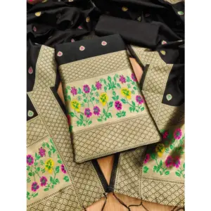 Women's Banarasi Silk Printed Unstitched Salwar Suit Material With Dupatta (Black, 3Mtrs)