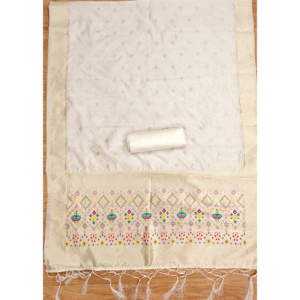 Women's Banarasi Silk Printed Unstitched Salwar Suit Material With Dupatta (White, 3Mtrs) - Image 2