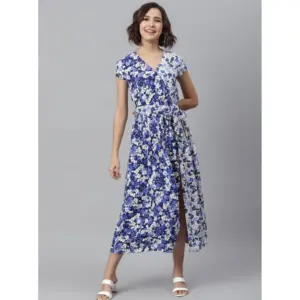 Women's Polyester Floral V-Neck Short Sleeve Dress (Purple-White)